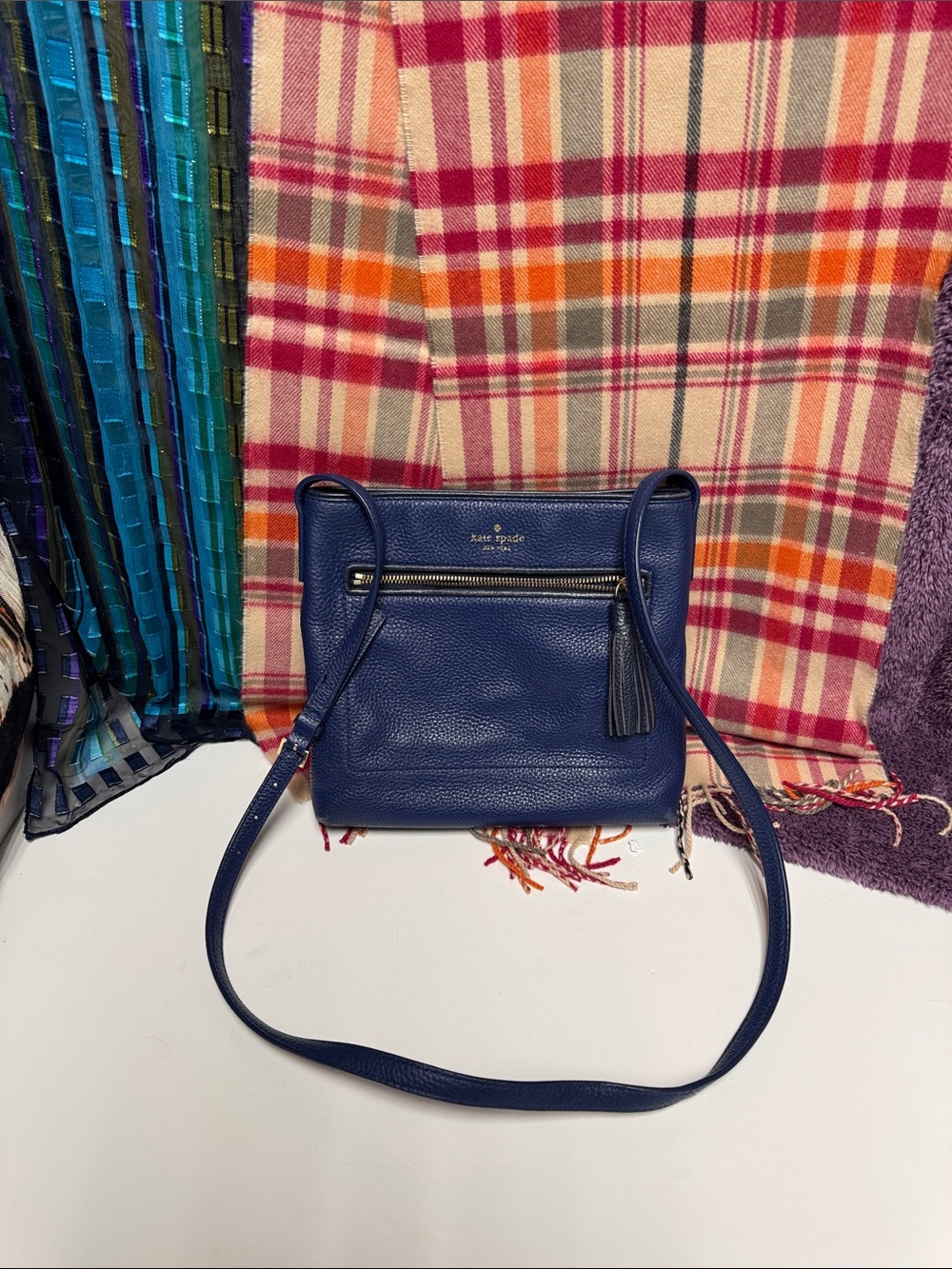 Kate Spade Navy Pebbled Leather Crossbody with tassel